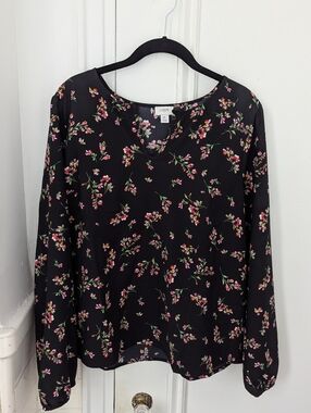 J. Crew Black Floral Long-Sleeve Blouse with Pink & Green Accents